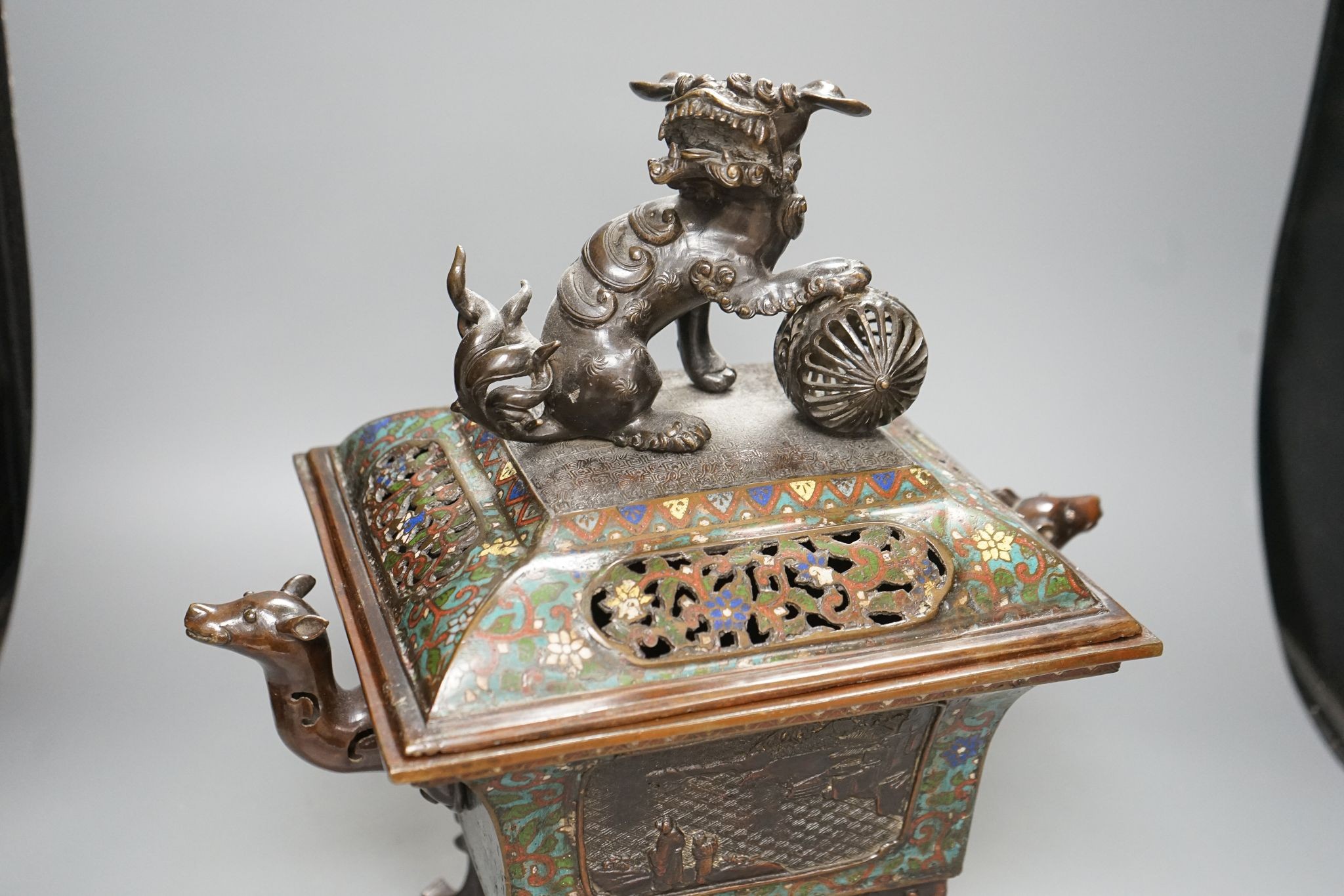 A large 19th century Japanese bronze and champleve enamel censer and cover, 40cm